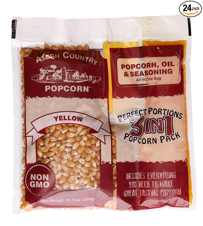 Amish Country Popcorn | All-In-One Kernel Packs | Pre-Measured for Popcorn Machines and Includes Hulless Popcorn, Oil & Salt (Medium Yellow, Oil & Seasoning -10.75 oz - Pack of 24)