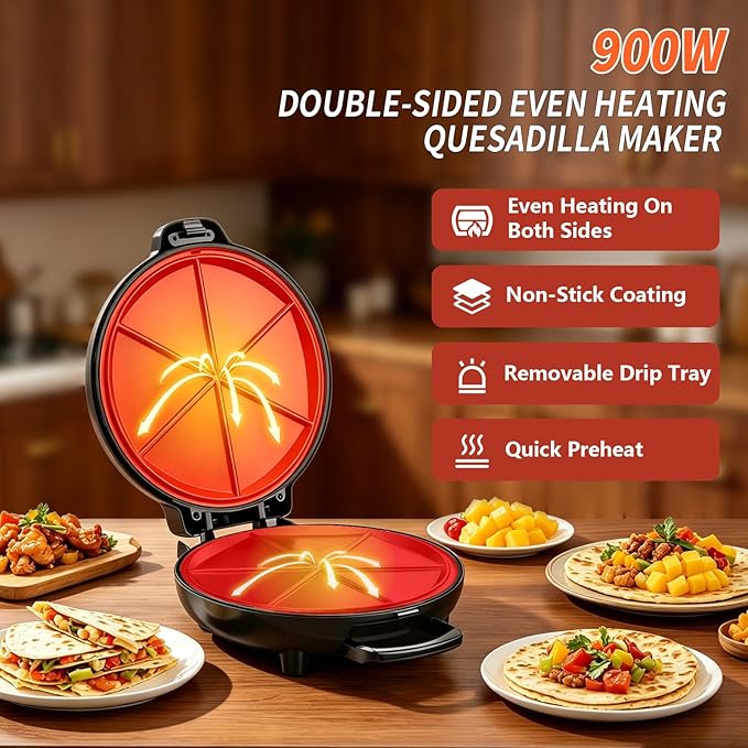 Electric Quesadilla Maker, 9.5'' Quesadilla Press with Extra Stuffing Latch, Easy Slice 6 Wedge, Grilled Cheese Corn Flour Tortilla Snacks, Nonstick Plates, Easy to Clean, Non-Slip Feet, Black