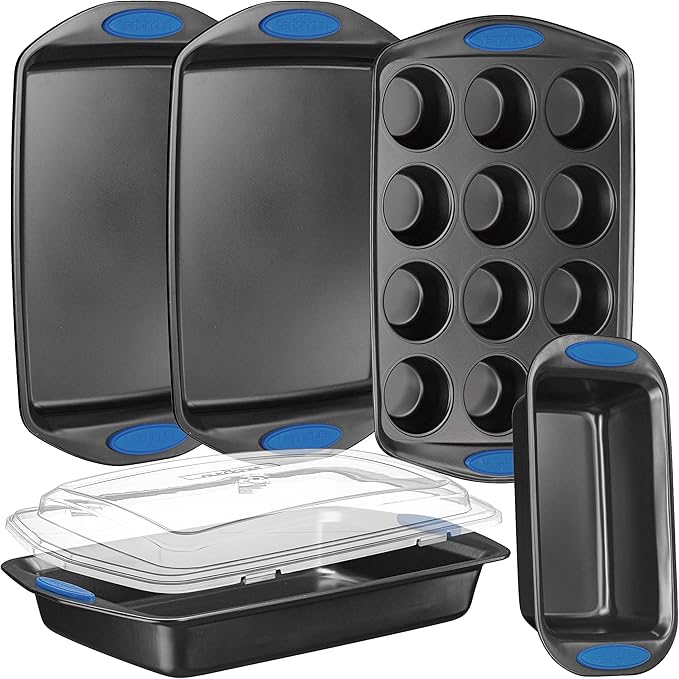 NutriChef 6-Piece Baking Pan Set - Carbon Steel Stackable Bakeware with Blue Silicone Handles & Nonstick Coating, Includes Cookie Sheets, Roaster Pan with Lid, Loaf Pan, and 12 Cup Muffin Pan (Gray)