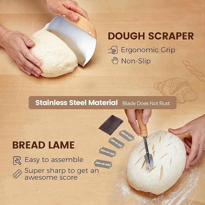 Banneton Bread Sourdough Proofing Basket - Sourdough Starter Kit Set Of 2, Sourdough Bread Baking Supplies 10" Oval Set of 2, Bread Proofing Basket with 8 Accessories