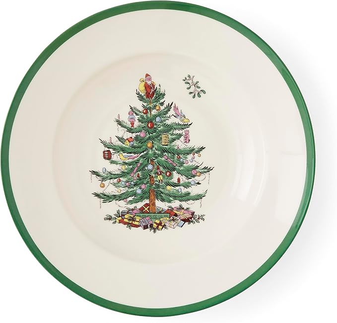 Spode Christmas Tree 9" Soup Plate (Set of 4) – Stoneware Bowls with Festive Tree Design & Green Rim, Ideal for Serving Soup, Pasta, Salad – Microwave & Dishwasher Safe Holiday Dinnerware