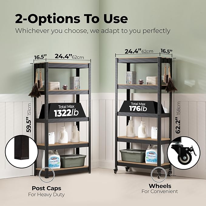 HOMEDANT House 5-Tier Metal Rolling Cart Shelf Rack Casters Heavy Duty Laminated Wheel Shelving Unit Adjustable Utility Storage Shelves Organizer Shelf Kitchen Garage 24.4" W x 16.5" D x 62.2" H 1Pack