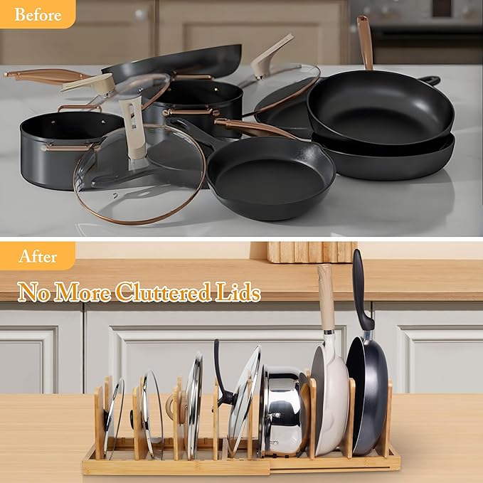 MinBoo Bamboo Expandable Pot Lid Organizer, Pot and Pan Organizer Drawer Organizer for Pot Lids, Adjustable 10 U-Shaped Dividers for Kitchen Cabinet Organizers and Storage (Bamboo-1)