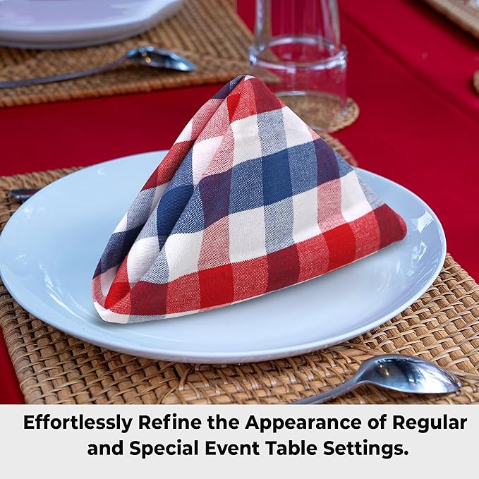 Urban Villa July 4th Cloth Napkins Red/Blue/White Dinner Napkins 100% Cotton (Set of 12) 20x20 Inches Buffalo Checks Highly Absorbent Soft Durable Reusable & Washable Table Dinner Napkins