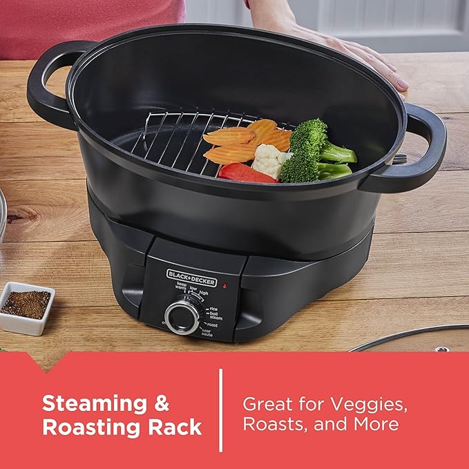 BLACK+DECKER Multicooker 7QT Family Size, 5-in-1 Functions, Neat ‘N Clean™ Technology, Slow Cook, Steam/Boil, Precision Roast, Sear/Saute, & Rice