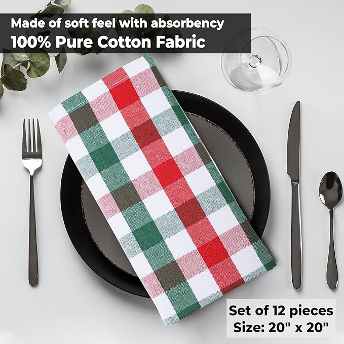 Urban Villa Cloth Dinner Napkins Set of 12 Highly Absorbent Soft Premium Dinner Napkins 20x20 Inches, Hotel Quality Reusable & Washable Table DinnerNapkins for Home (Christmas Buffalo Checks)