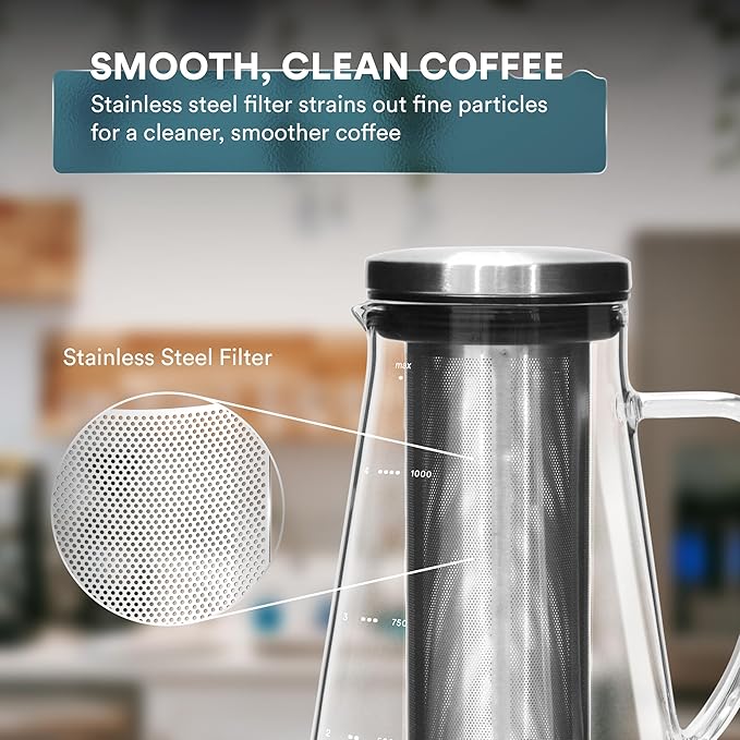 OVALWARE Airtight Cold Brew Iced Coffee Maker Pitcher and Tea Infuser with Spout - 1.0L / 34oz Ovalware RJ3 Brewing Glass Carafe with Removable Stainless Steel Filter