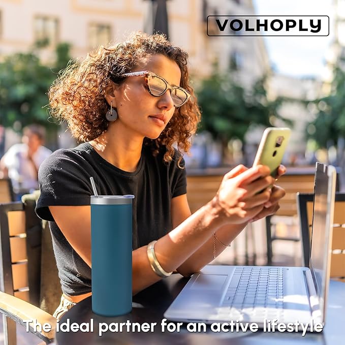 Volhoply 4 Pack Skinny Tumblers with Lid and Straw, 20oz Stainless Steel Straight Tumbler Bulk, Vacuum Insulated Coffee Mug for Home, Office, Travel, DIY (Dark Green,4 Pack)