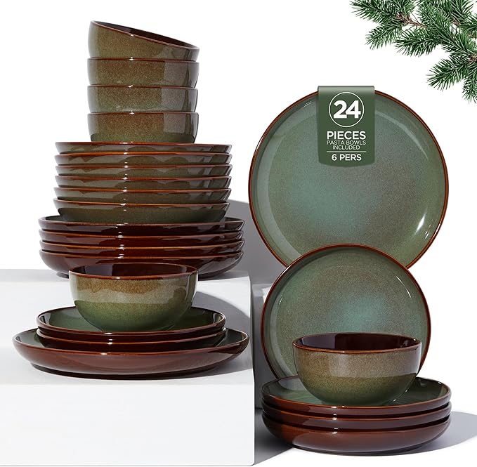 Pokini 24 Piece Double Bowl Dinnerware Sets with Pasta Bowls, Highly Chip and Crack Resistant Plates and Bowls Sets, Natural Earthyware Ceramic Dishware Sets, Service for 6 Sage Green