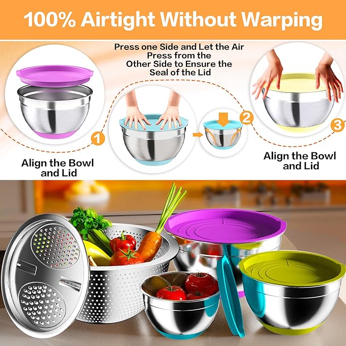 Nicdiet Mixing Bowls with Airtight Lids, Stainless Steel Mixing Bowl Set with 3 Metal Nesting Bowls, Colander & Grater, Non-Slip Bottoms, Size 1.5, 2.5, 5 QT, Great for Mixing & Serving, Mutilcolor