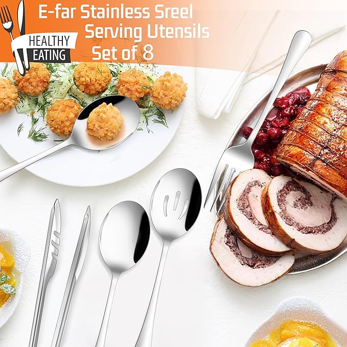 E-far Large Serving Utensils Set of 8, Stainless Steel 9.8 Inch Serving Spoons Slotted Spoon, 9.9 Inch Serving Fork, 9.4 Inch Serving Tong for Buffet Catering Banquet, Mirror Finish & Dishwasher Safe