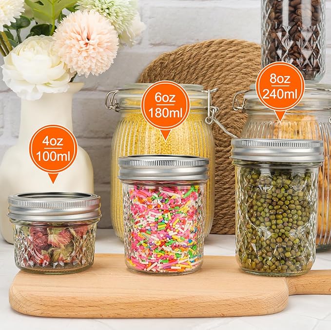 CycleMore 6 oz Mason Jars with Airtight Lids and Bands, 30 Pack Regular Mouth Glass Canning Jars, Small Glass Canisters for Jelly, Sauce, Jam, Honey, Juice, Wedding Favors, Shower Favors