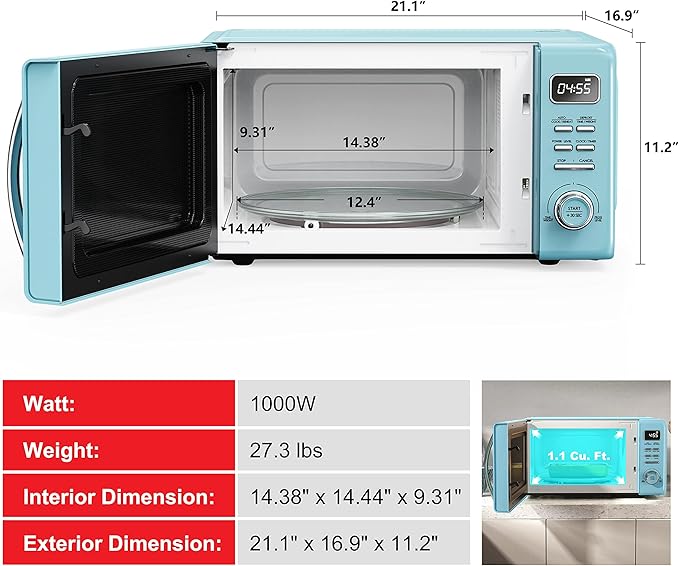 Galanz GLCMKZ11BER10 Retro Countertop Microwave Oven with Auto Cook & Reheat, Defrost, Quick Start Functions, Easy Clean with Glass Turntable, Pull Handle, 1.1 cu ft, Blue