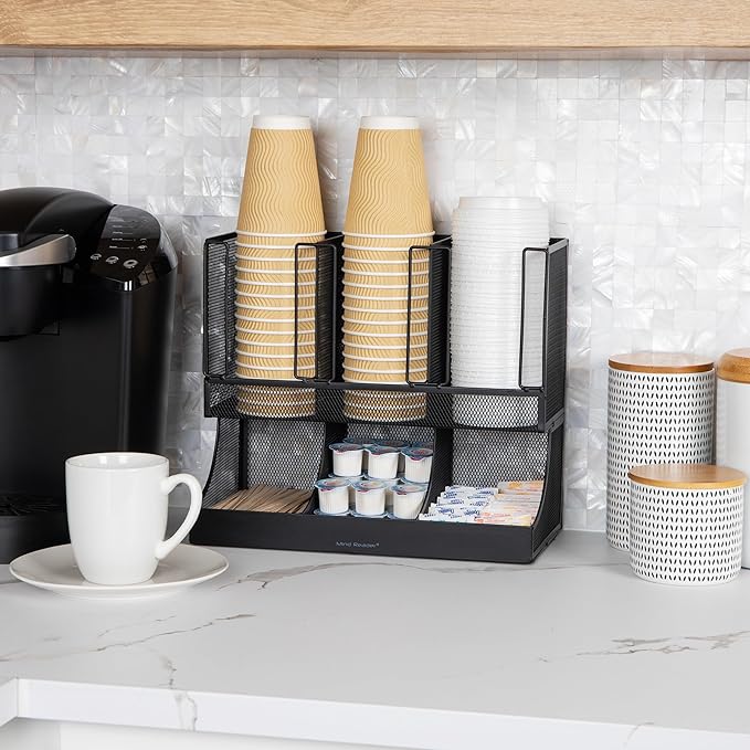 Mind Reader Multipurpose Countertop Organizer, Office Breakrooms, Cup and Condiment Station, Metal Mesh, Black