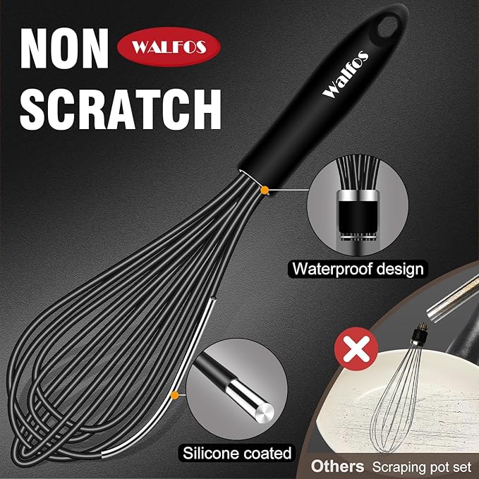 Walfos Whisk 11inch Flat Whisks and 10inch Balloon Whisk Combo,Silicone whisks for cooking,Non Scratch Coated Wisk,Suitable for Ceramic Coated pans and Wider shallower pots.(2pcs black)