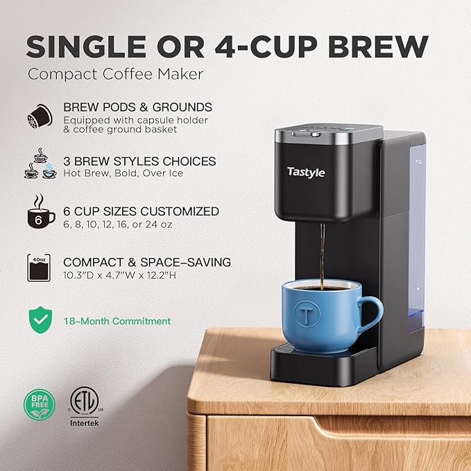 Tastyle Single Serve Coffee Maker, Iced and Hot Coffee Machine for K Cup & Grounds, Compact Design, 40oz Removable Water Reservoir, 6 to 24 Oz Brew Sizes, Fits 7.3" Travel Mug, Black