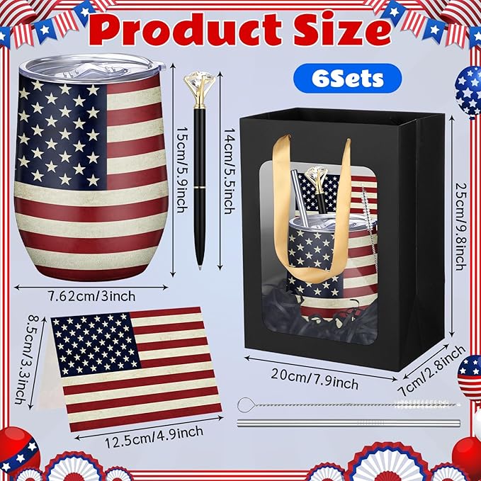 Patelai 30 Pcs 2026 American Flag Pattern Cups Gift Set for Men Women 12oz Stainless Steel Tumbler Mug Cups with Lid and Straw Pens and Card Set with Gift Bags for 4th of July 250th Memorial Day