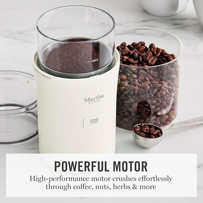 Martha Stewart Electric Coffee & Spice Grinder, Dual 2.5oz Removable Bowls, Storage Lids, Stainless Steel Blades, One Touch Pulse Control, 2-in-1 Compact, Beans & Spices, Herbs & Nuts, Linen White