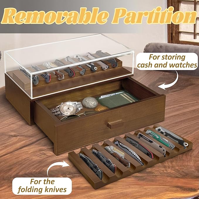 Knife Display Case,2 Tier Wooden Pocket Knife Collection Case with Acrylic Lid, Pocket Knife Storage Drawer Organizer, Walnut