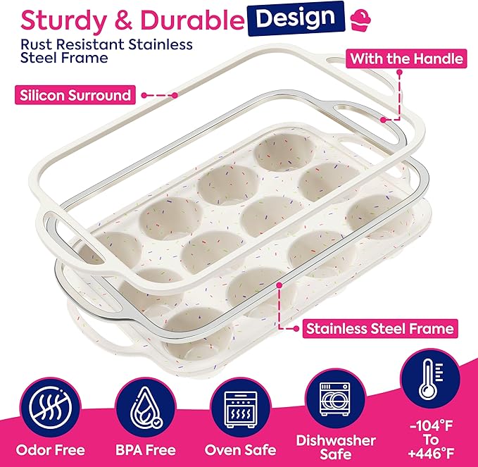 RICCLE Silicone Muffin Pans for Baking with Metal Reinforced Frame, 12-Cup Cupcake Pan, 2 Pcs Muffin Trays for Cupcake Baking, Tray Molds, Oven & Dishwasher Safe, BPA-Free (2 x Regular)