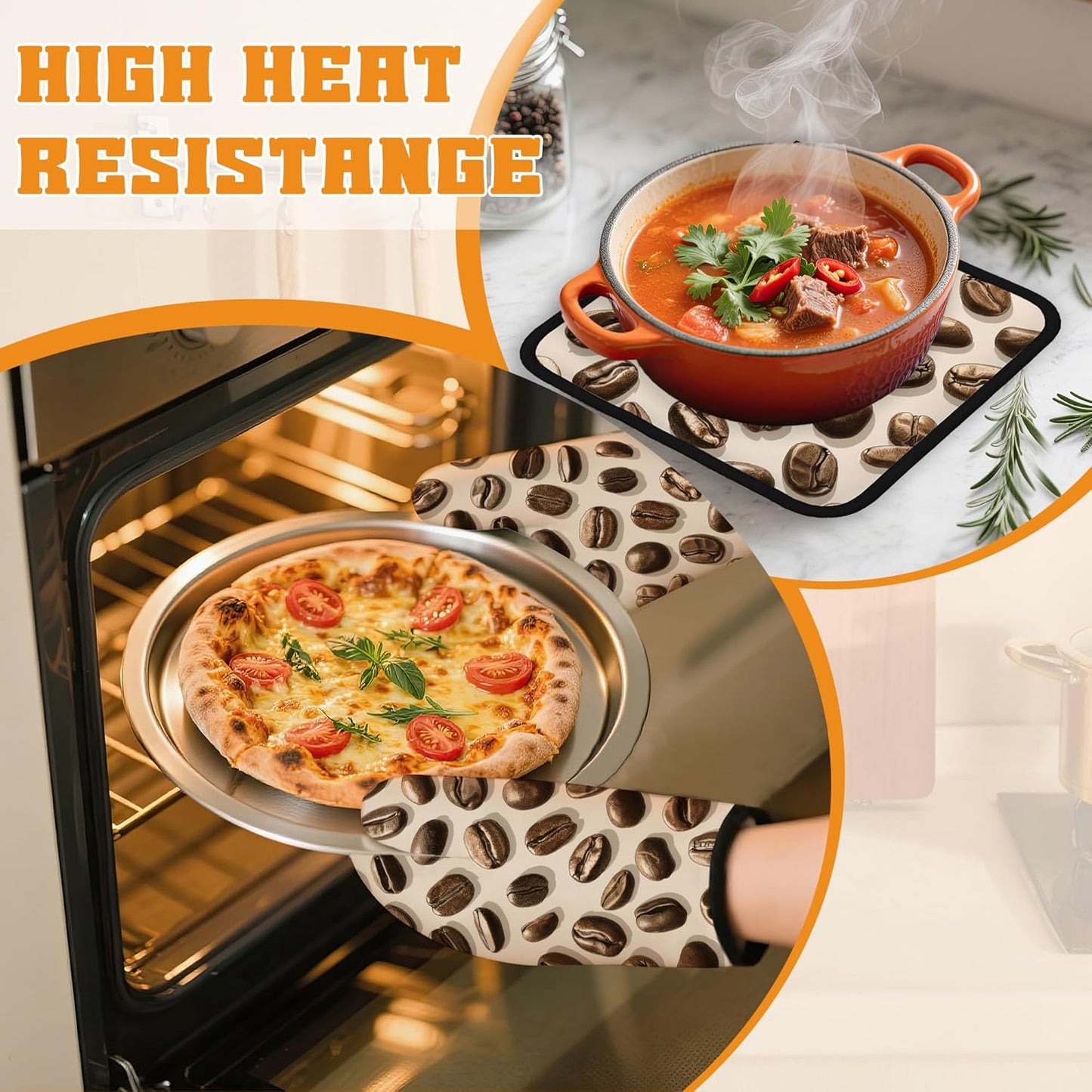 Coffee Bean Oven Mitts and Pot Holders Set,Kitchen Oven Gloves and Pot Holder with Heat Resistant Non Slip for Cooking Baking Grilling(4 Piece Set)