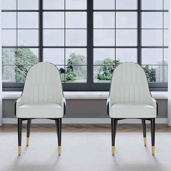 AF ARTISAN FURNITURE Black White Dining Chairs Set of 2 with High Backs Mid Century Modern Kitchen Dining Room Chairs PU Faux Leather Upholstered Large Padded Accent Chair with Legs