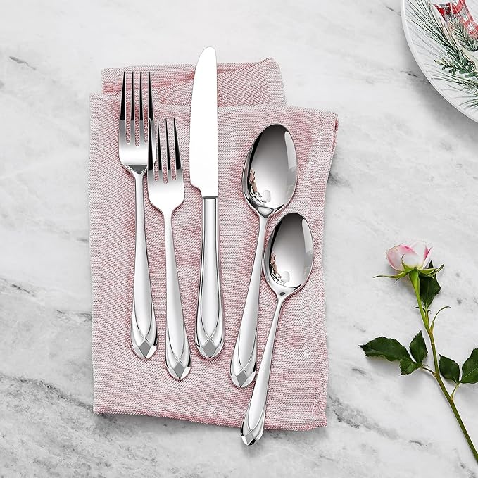 KEAWELL Premium Astra 4-Piece 6.4 inch Spoon Set – Mirror-Finished 18/10 Stainless Steel with Diamond-Faceted Handles Dishwasher Safe for Modern Dining (4, Teaspoons)