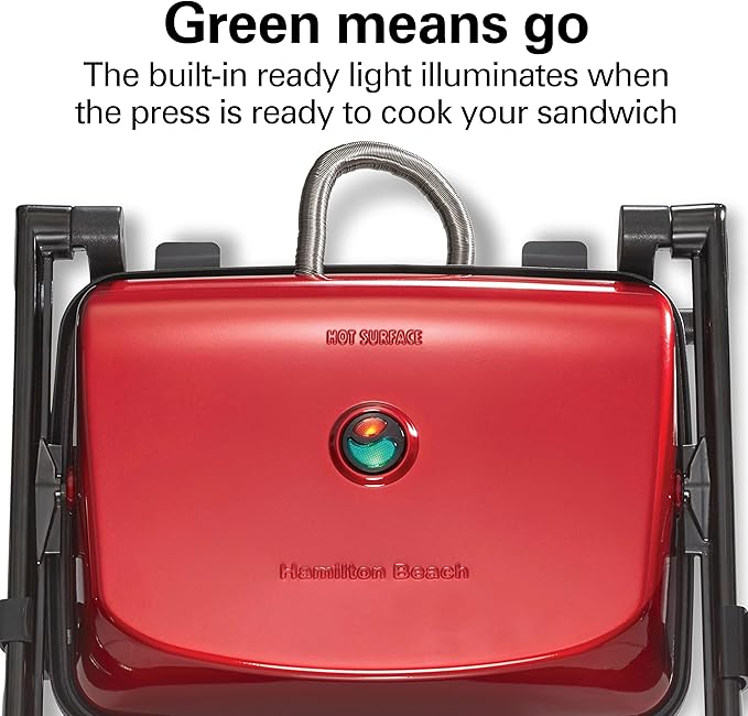 Hamilton Beach Panini Press Sandwich Maker & Electric Indoor Grill with Locking Lid, Opens Wide to Fit Any Thickness for Quesadillas, Burgers & More, Nonstick 8" x 10" Grids, Red (25462Z)