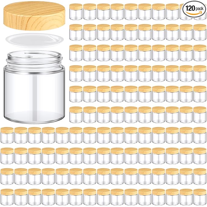 Norme 120 Pcs 4oz Glass Jars with Lids, Empty Glass Containers with Woodgrain Lids & Inner Liners, Reusable for Storing Creams Lotions Cosmetic Powder Ointments