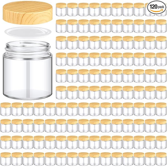 Norme 120 Pcs 4oz Glass Jars with Lids, Empty Glass Containers with Woodgrain Lids & Inner Liners, Reusable for Storing Creams Lotions Cosmetic Powder Ointments