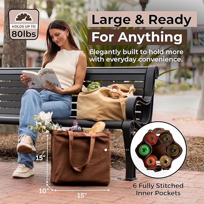 VeraMia Canvas Grocery Bag 3pc XL Set with Real Pockets, Long Shoulder Strap and Short Handle. Heavy Duty, Foldable, Washable