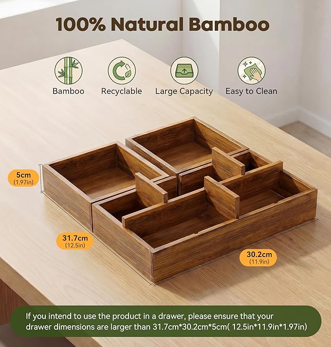 KOCWELL Bamboo Desk Drawer Organizer with Removable Dividers,Multi-Use Office Drawer Organizer Tray,Junk Drawer Organizers for Office,School,Kitchen,Makeup Supply（Carbon Brown）