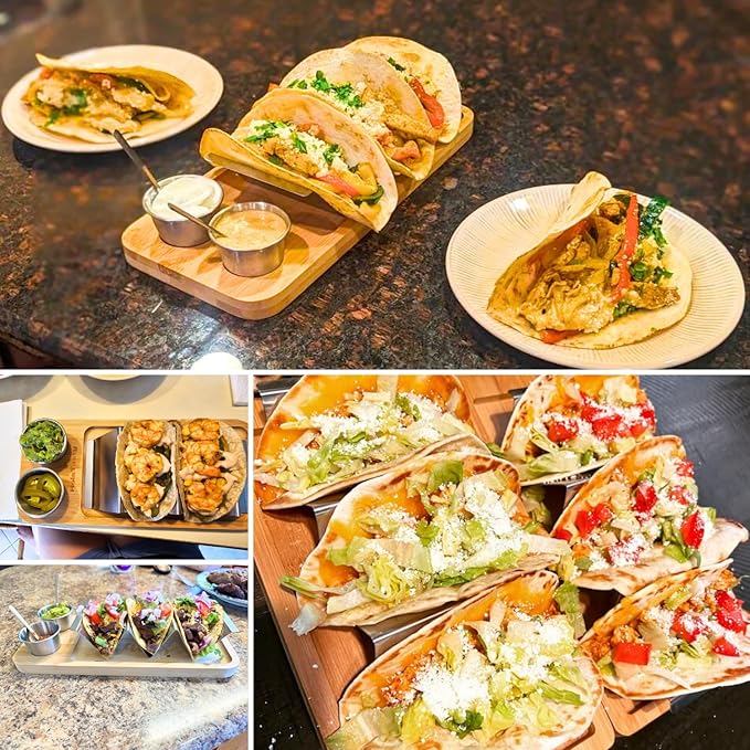 HolaTasty Taco Holder Kit - 2 Pack (Value Pack), 3-in-1 Taco Set of 2-6 slots for Tacos, Fancy Taco Presentation Rack Plate for Taco Tuesday Bar Party, Gifts for Taco Lover Cinco De Mayo Events - Gold