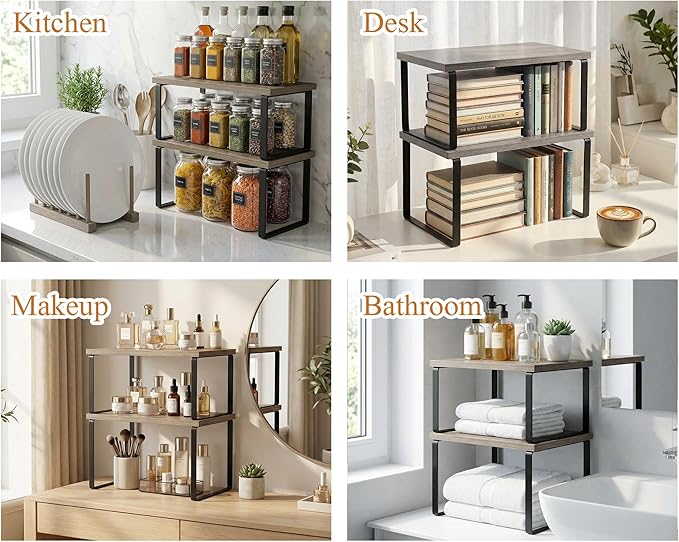 Marsui 4 Pcs Kitchen Organizer Accessories Set Cabinet Organizer Shelf and Bamboo Dish Drying Plate Rack Counter Shelves Storage Holder for Spice Rack, Dish, Pot Lid, Bowl, Cup (Gray)