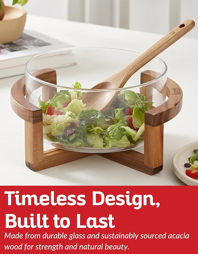 Glass Dressing Mixer Bottle & Large Salad Bowl with Acacia Utensils – Leakproof Measuring Shaker with 11" Glass Serving Bowl for Fresh Dressings, Salad Prep, Table Serving & Everyday Meal Presentation
