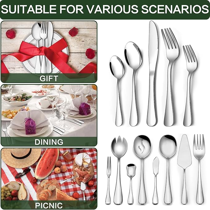 68 Pieces Silverware Set with Serving Utensils Set, CEKEE Stainless Steel Flatware Set for 12, Heavy Duty Cutlery Set, Kitchen Utensil Sets for Home Restaurant, Mirror Finish, Dishwasher Safe