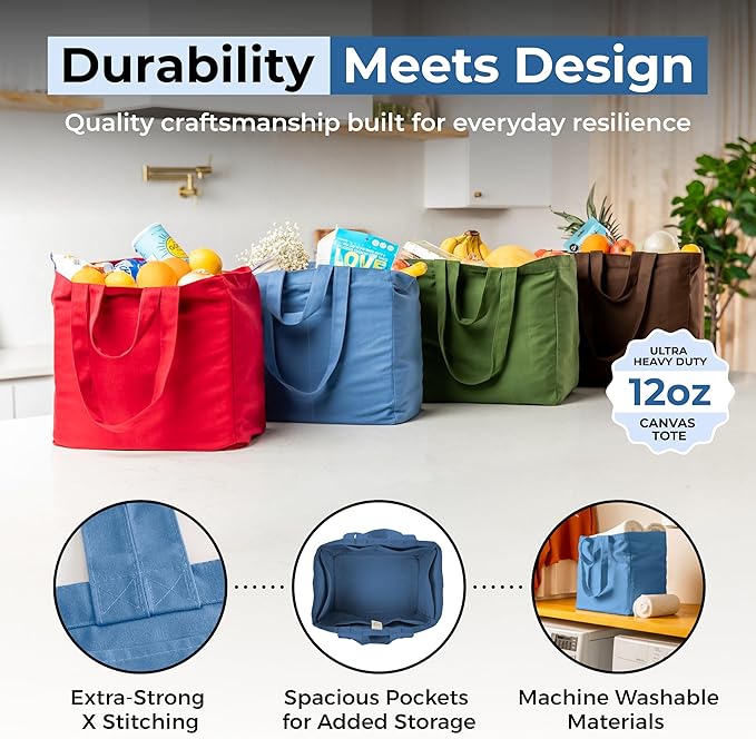 VeraMia Canvas Grocery Bag 3pc XL Set with Real Pockets, Long Shoulder Strap and Short Handle. Heavy Duty, Foldable, Washable