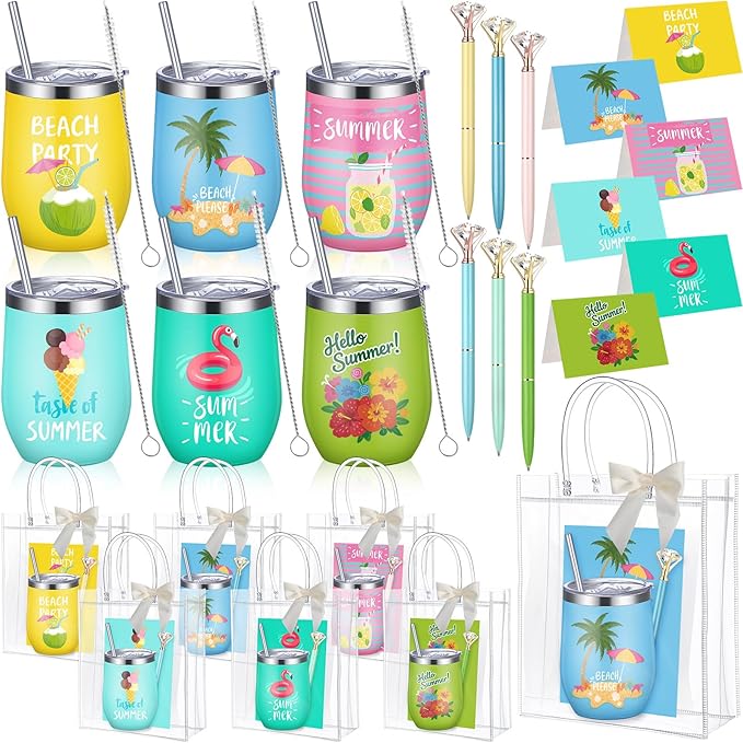 Patelai 36 Pcs Summer Theme Gift Set for Men Women 12oz Stainless Steel Coffee Mug Colorful Cups with Lid and Straw Pens Card Bags Set for College Graduates Party Supplies
