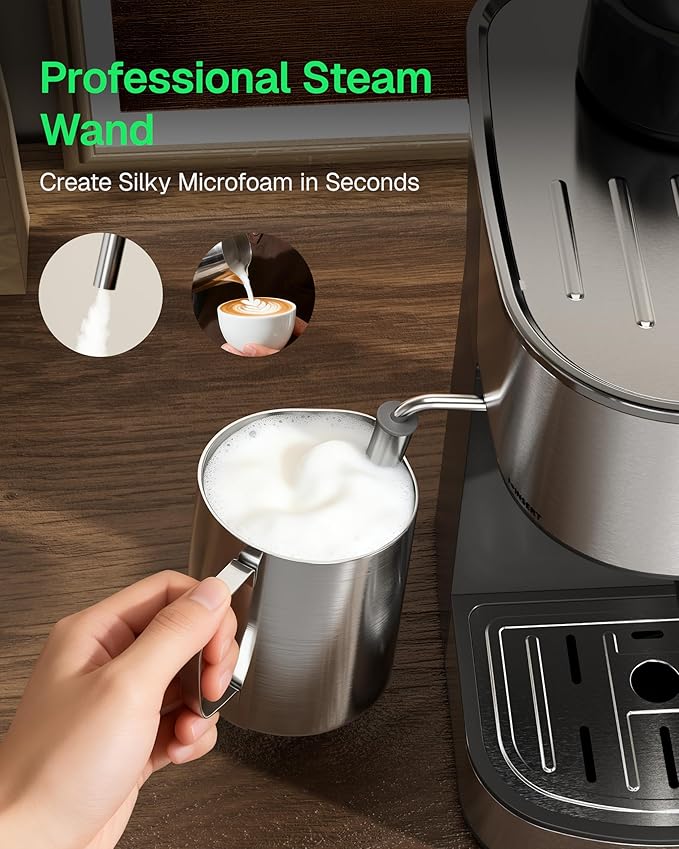 HBN Espresso Machine, 3.5Bar Cappuccino & Latte Maker, 2-4 Cup Stainless Steel Coffee Machine with Milk Frother, 800W Espresso Machine Maker with Steamer, Compact Coffee Maker for Home and Office