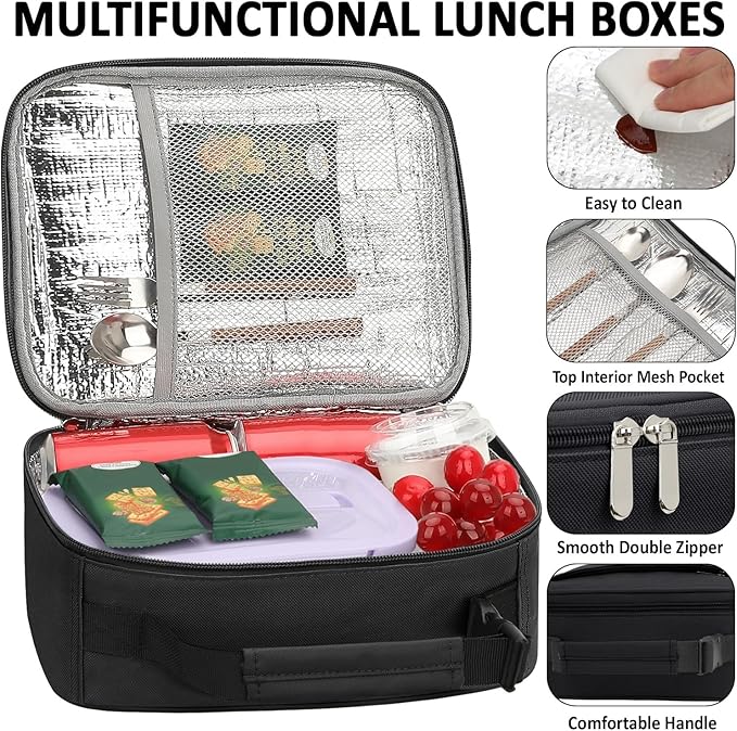Lunch Box Kids Insulated Lunch Bag for Boys Girls Cute Reusable Lunch Tote Bag Waterproof Portable Thermal Lunch Box Kids for School Picnic Travel Black