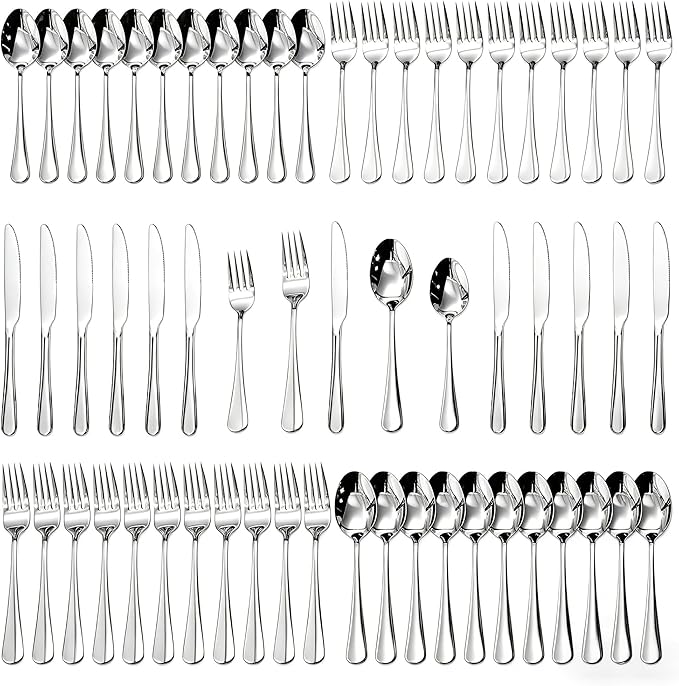 HIKAA 60-Piece Silverware Set for 12, 18/10 stainless Steel Flatware Set, Mirror Polished Cutlery Set, Dishwasher Safe Utensils for Home, Restaurant, Wedding Gift