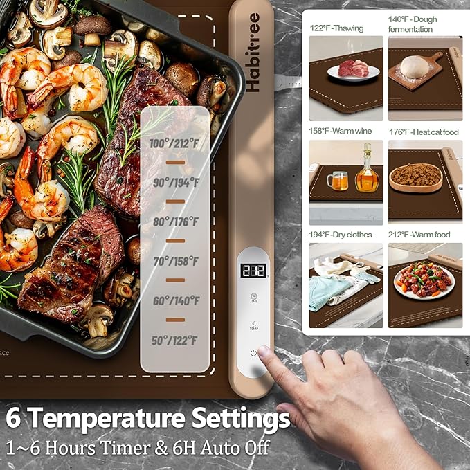 Warming Silicone Mat for Food - Day Gifts Kitchen Gadget, Graphene Rapid Heating, Warming Tray with 6-Level Temp Control, Rollable, Easy Clean - for Parties, Gatherings (Brown)