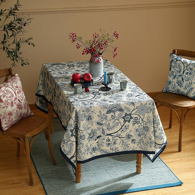 ISAENNE Designer French Linen Long Rectangle Tablecloth,Blue Floral Washable Indoor Table Cloth,Durable Home Decor Tablecloths for Dining Thanksgiving Kitchen Party Christmas,63"*94"-Ruyi B