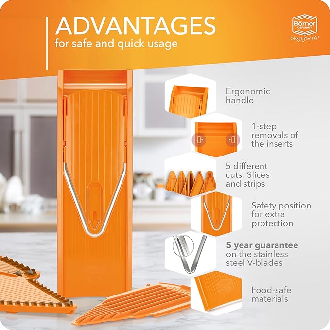 Mandoline Food Slicer Börner V1 (Starter Set) by Reston Lloyd • V-Slicer with 3 Blade Inserts & Food Holder • Made in Germany • Fruit & Vegetable Chopper • Multiple Settings • Color: Orange