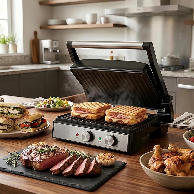 KEINVE 1600W Panini Press, Sandwich Maker with Temp & Time Setting, 4 Slice Large Non-stick Versatile Grill Press, Opens 180 Degrees to Fit Steak, Fish, Vegetable and More