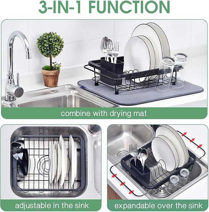 TOOLF Expandable Dish Drying Rack Over The Sink Adjustable Dish Rack in Sink Or On Counter Dish Drainer with Utensil Holder Rustproof for Kitchen