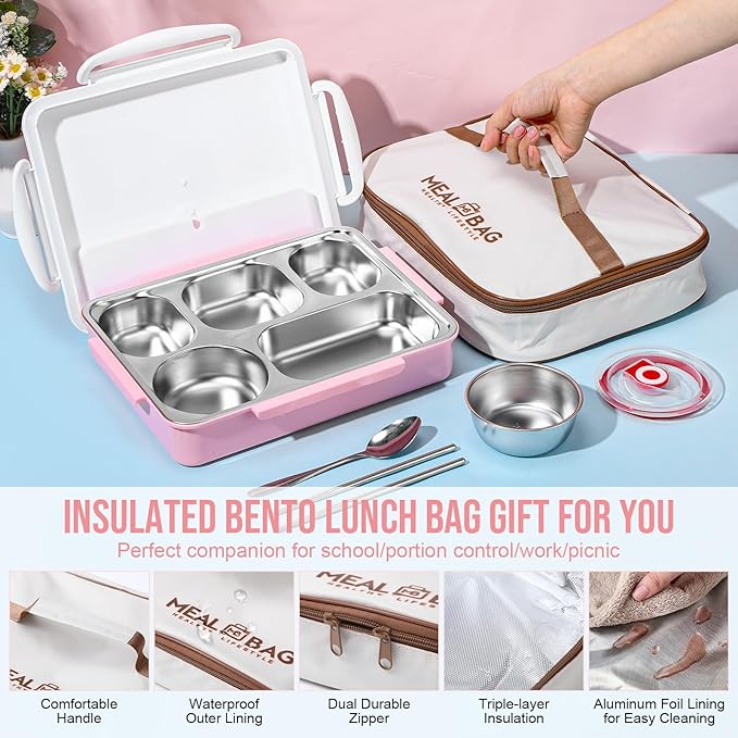 2 Sets Stainless Steel Lunch Bento Box for Adult 2.0 L Leakproof 5 Compartment Metal Bento Box with Bag 8 oz Soup Bowl with Utensils for Office, Travel(Pink, Blue)