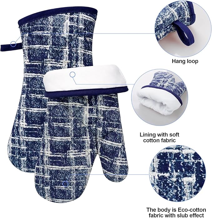 Alselo Oven Mitts and Pot Holders with Cooking Apron,Set of 5 Heat Resistant Kitchen Gloves and Silicone Non-Slip Potholders Adjustable Neck Buckle Chef Apron, Cotton Nice Design for Cooking (Navy)