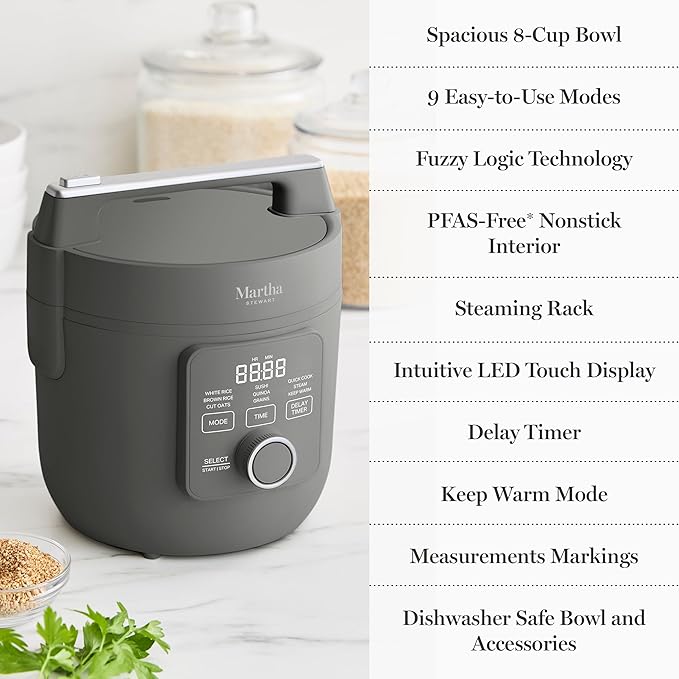 Martha Stewart Rice Cooker, 4 Cup (Uncooked) / 8 Cup (Cooked), Ceramic Non-Stick Removable Pot, Keep Warm, Measure Markings, Steam Basket, Brown & Sushi Rice, Quick Cook, Quinoa, Grains, Oats, Caviar Gray