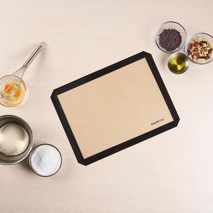 Restaurantware Baking Mat Pack of 1 Non-Stick 11.8"x15.7" Silicone Half Size Baking Mat, Rectangle Reusable Durable Oven-Friendly Anti-Slip Sheet for Kneading Rolling Shaping Dough, Tan and Black